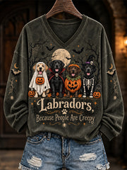 Women's Halloween-Themed Dog Pattern Casual V-Neck T-Shirt