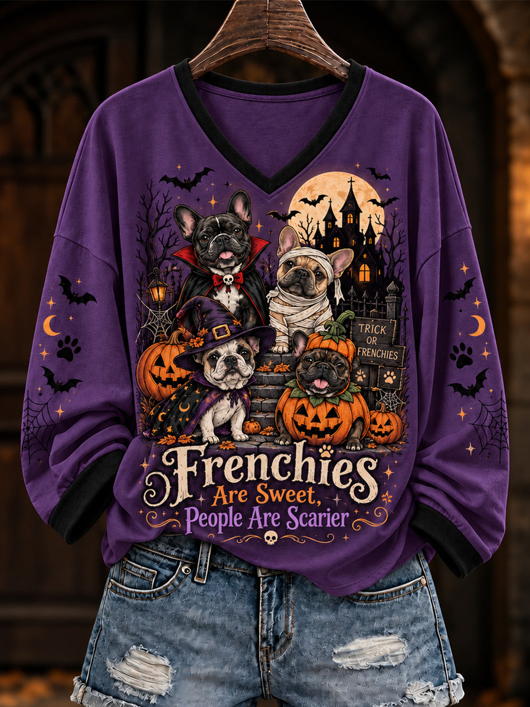 Women's Halloween-Themed Dog Pattern Casual V-Neck T-Shirt