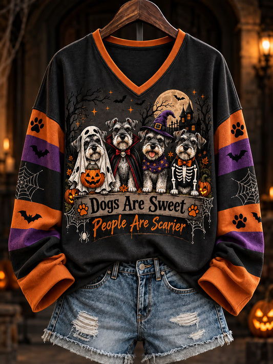 Women's Halloween-Themed Dog Pattern Casual V-Neck T-Shirt