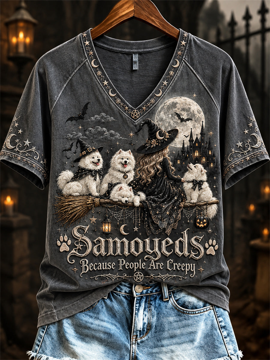 Women's Samoyeds Because People Are Creepy Halloween Witch & Dogs Print short-sleeved T-shirt