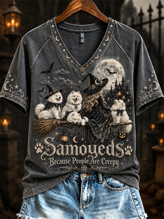 Women's Samoyeds Because People Are Creepy Halloween Witch & Dogs Print short-sleeved T-shirt
