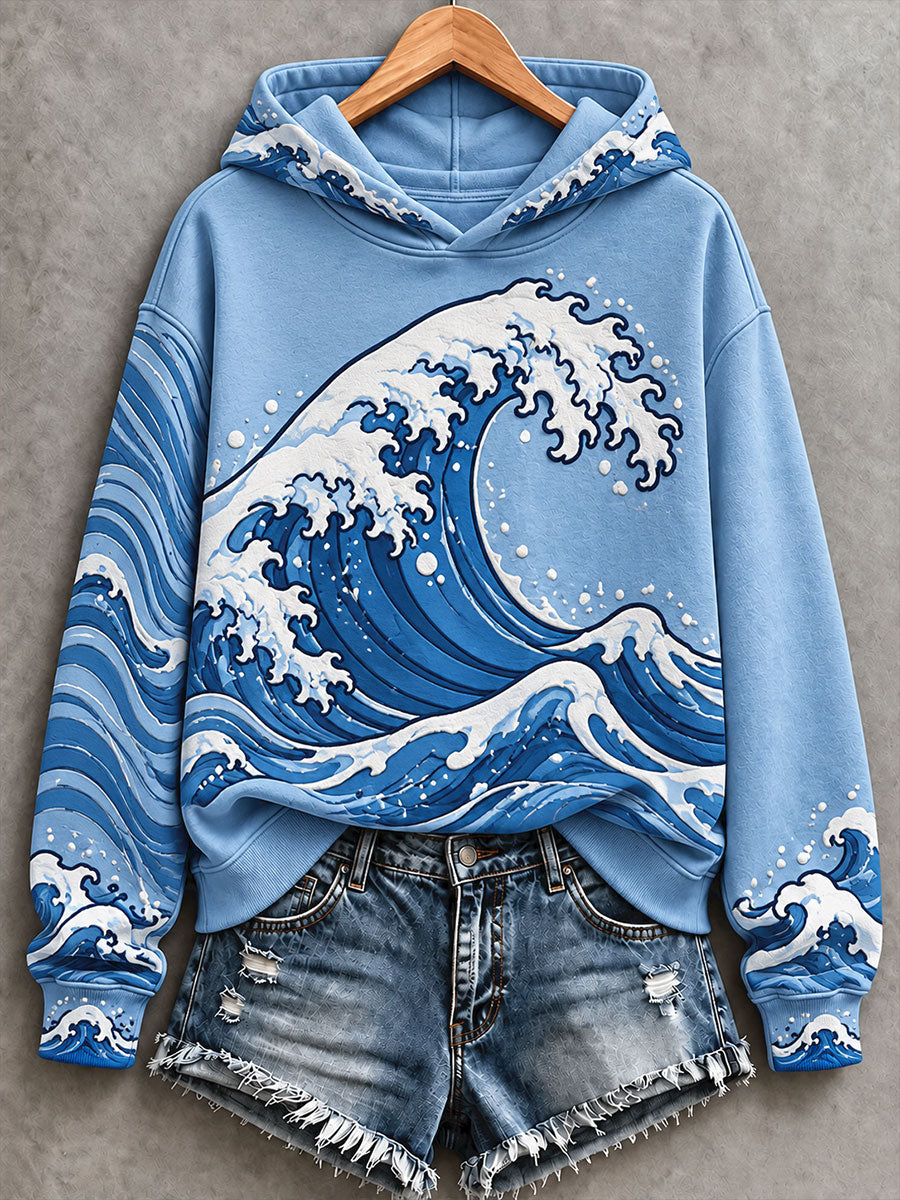 Women's Blue Wave Art Printed Hoodie