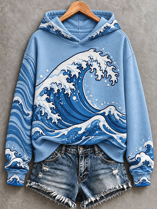 Women's Blue Wave Art Printed Hoodie
