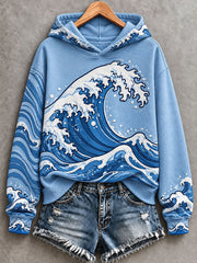 Women's Blue Wave Art Printed Hoodie