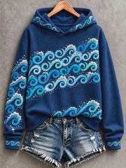 Women's Blue Wave Art Printed Hoodie