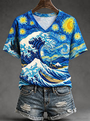 Women's Waves Print Casual Long-Sleeve  V-Neck Tee