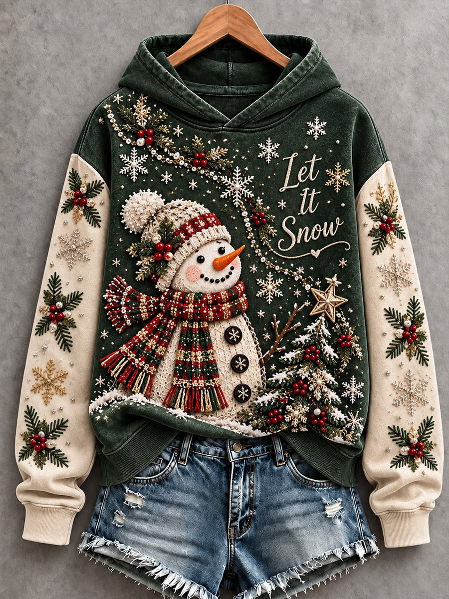 Women's Vintage Christmas  "Let It Snow" Cute Snowman & Christmas Tree Art  Regular Hoodie