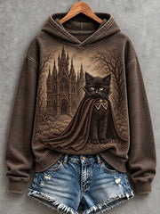 Women's Vintage Halloween Cat Print Cozy Hoodie