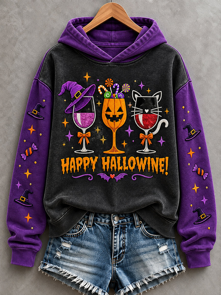 Women's Funny Happy Hallowine Print Casual Hoodie