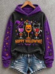 Women's Funny Happy Hallowine Print Casual Hoodie