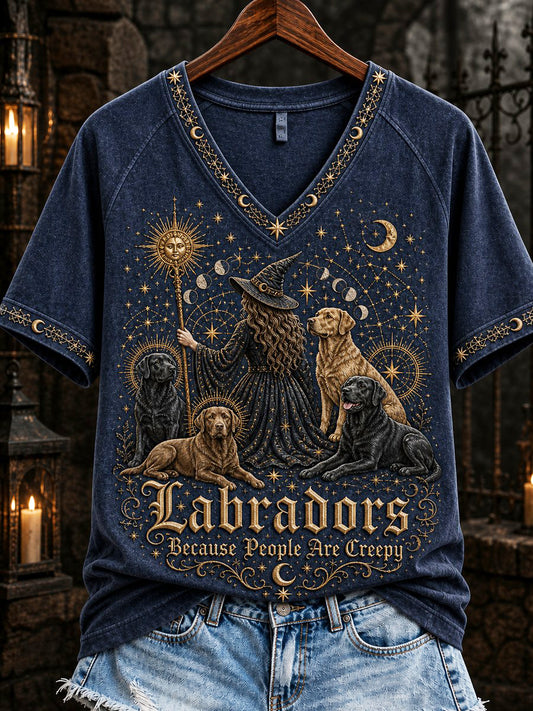Women's Labradors Because People Are Creepy Celestial Witch & Dogs Print short-sleeved T-shirt