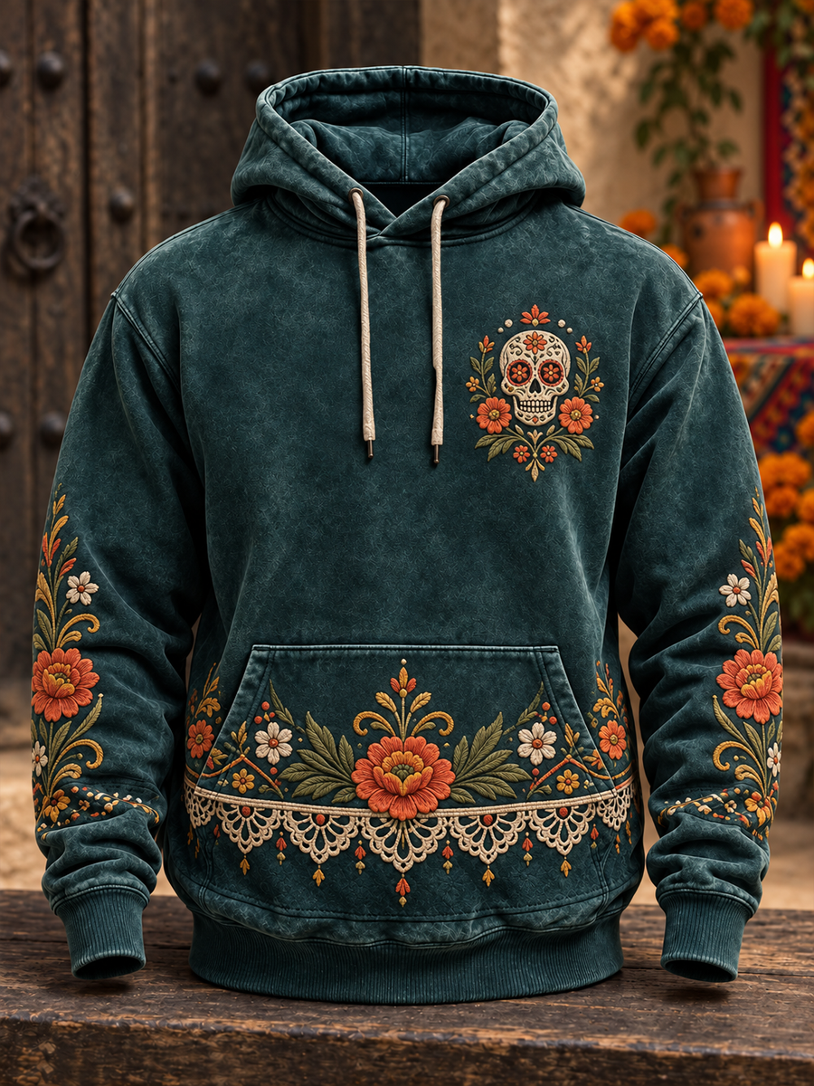 Men's Mexico Day of The Dead Floral Art Printed Hoodie with Pockets