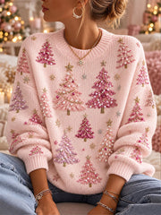 Women's Pink Christmas Tree Cozy Knit Sweater