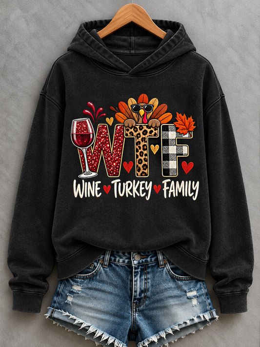 Women's Funny Thanksgiving WTF Wine Turkey Family Print Casual Hoodie