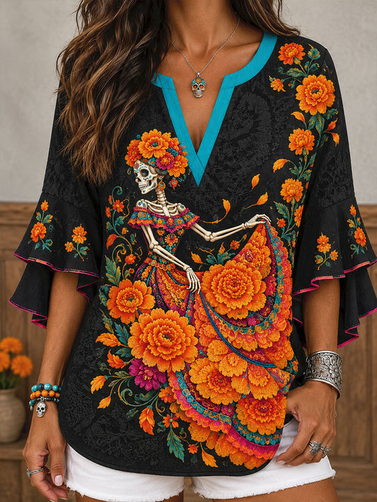 Women's Mexico Day of The Dead Floral Art Printed Tops