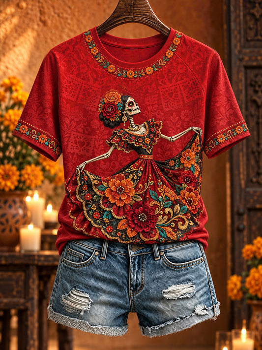 Women's Mexico Day of The Dead Floral Art Printed T-shirt