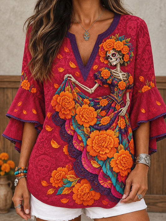 Women's Mexico Day of The Dead Floral Art Printed Tops