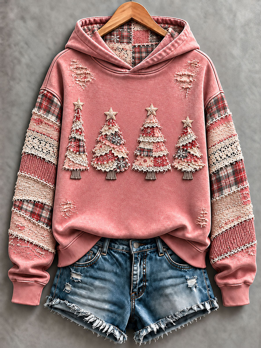 Women's Pink Christmas Tree Print Regular Sweatshirt
