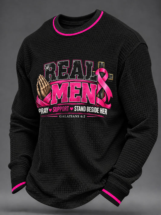 Men's Real Men Wear Pink Breast Cancer Awareness Print Waffle Sweatshirt