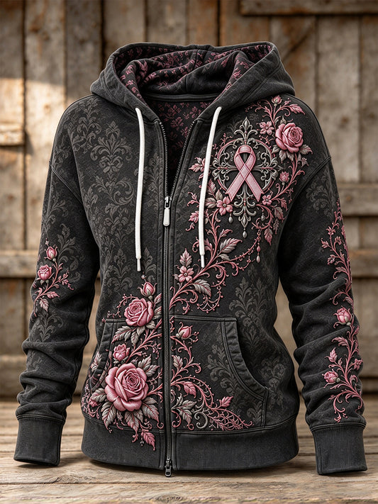 Women's Gothic Floral Pink Ribbon Print Casual Zip-Up Hoodie