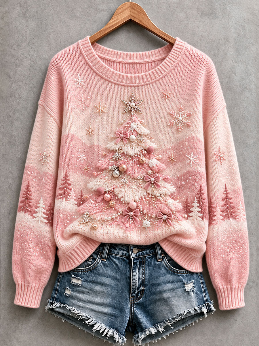 Women's Pink Christmas Tree Cozy Knit Sweater