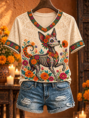 Women's Mexico Day of The Dead Floral Art Printed T-shirt