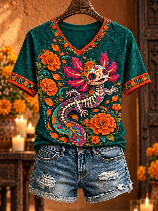 Women's Mexico Day of The Dead Floral Art Printed T-shirt
