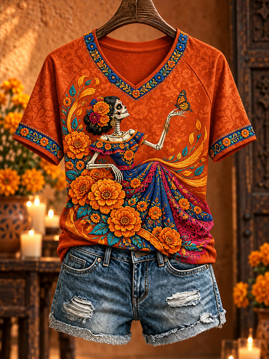 Women's Mexico Day of The Dead Floral Art Printed T-shirt