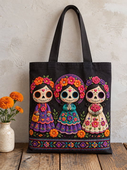 Mexico Day of The Dead Floral Art Printed Canvas Bag
