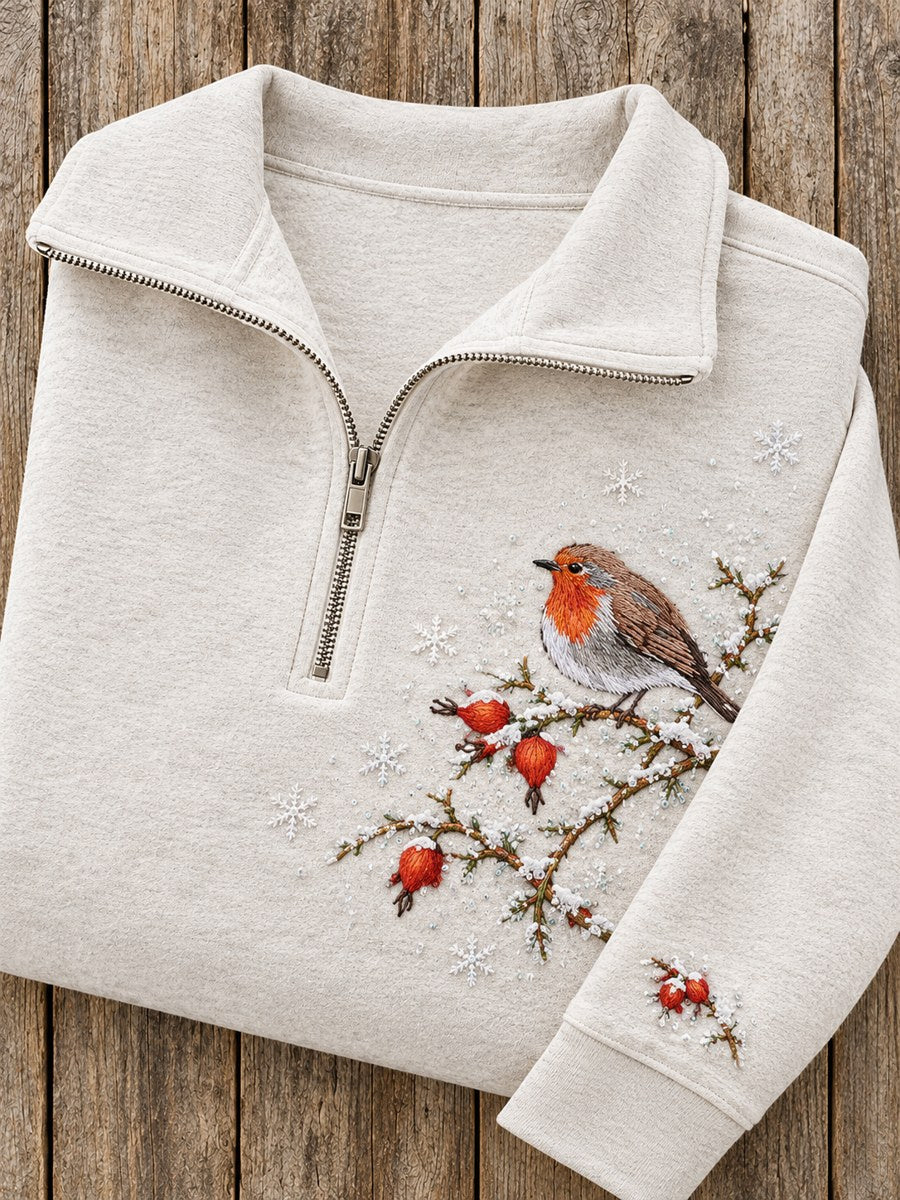 Women's Snowy Winter European Robin On Branch Print Zip Up Sweatshirt