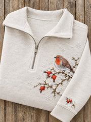 Women's Snowy Winter European Robin On Branch Print Zip Up Sweatshirt
