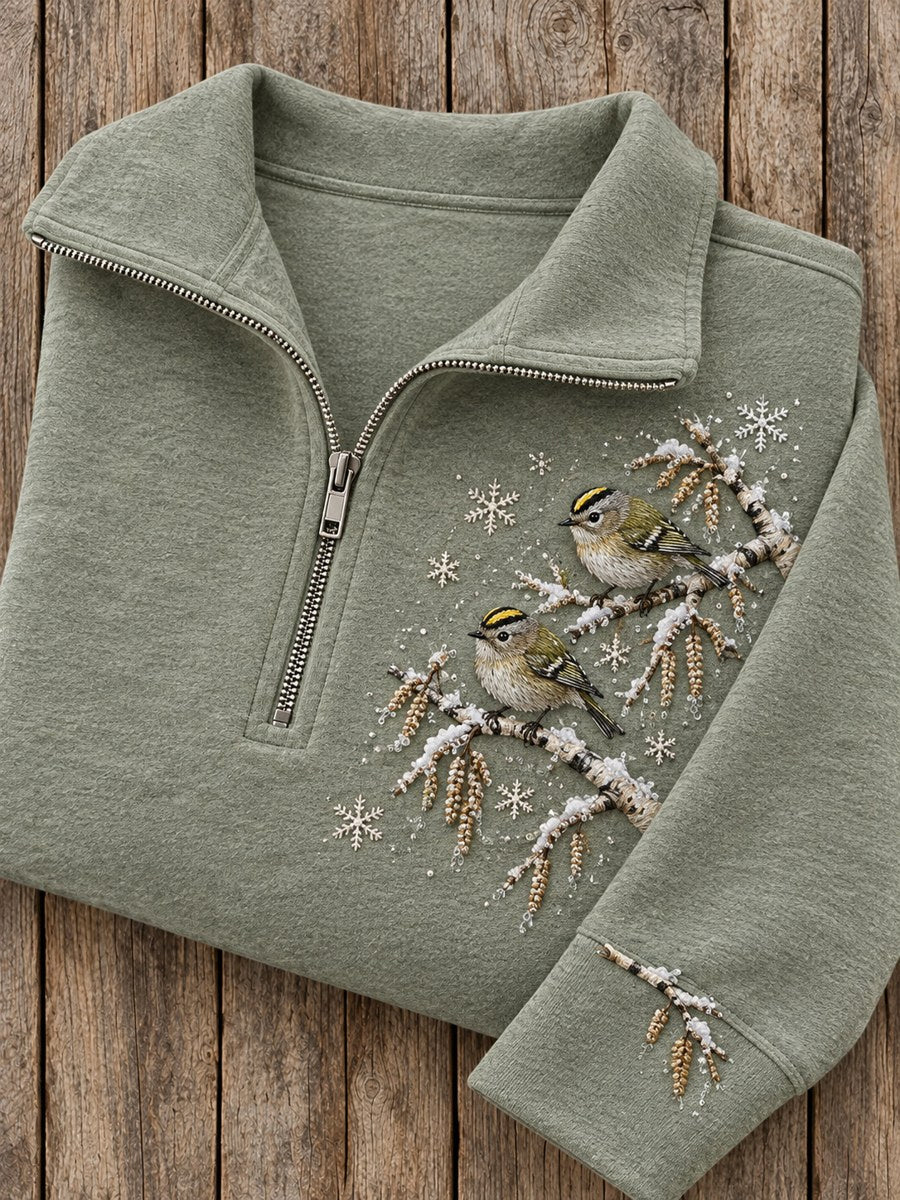 Women's Snowy Winter Goldcrest On Branch Print Zip Up Sweatshirt