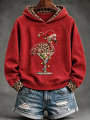Women's Christmas Leopard Flamingo Cocktail Glass Print Casual Hoodie