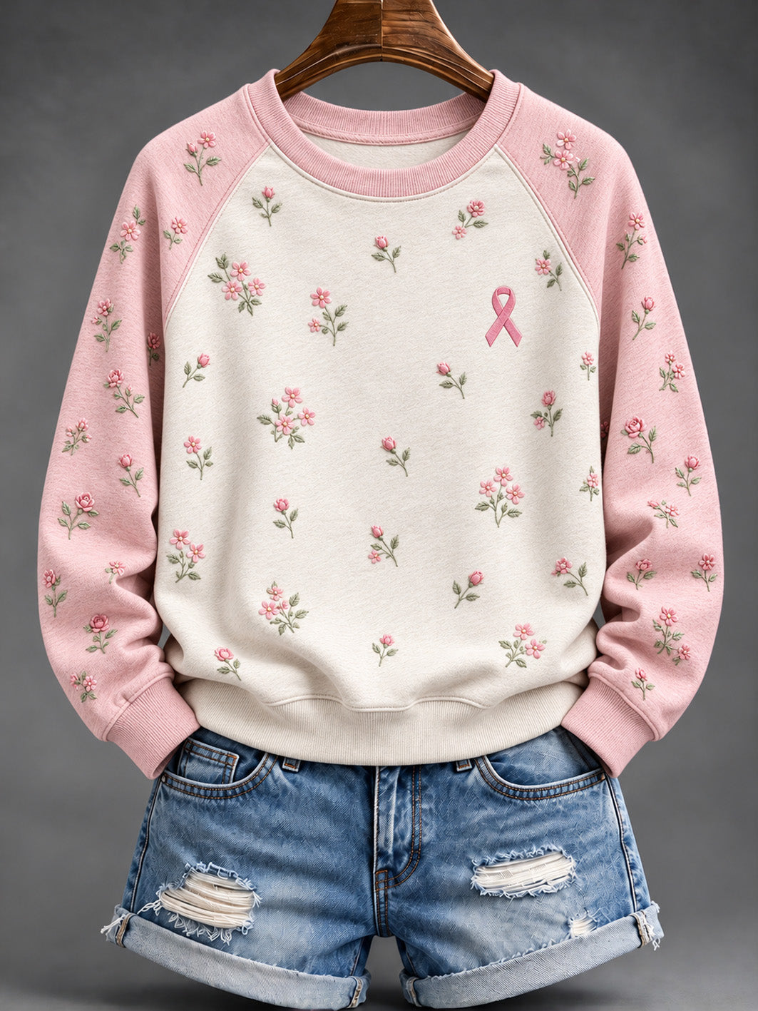 Women's Pink Rose and Pink Charity Ribbon Pattern Casual Raglan Sleeve Sweatshirt