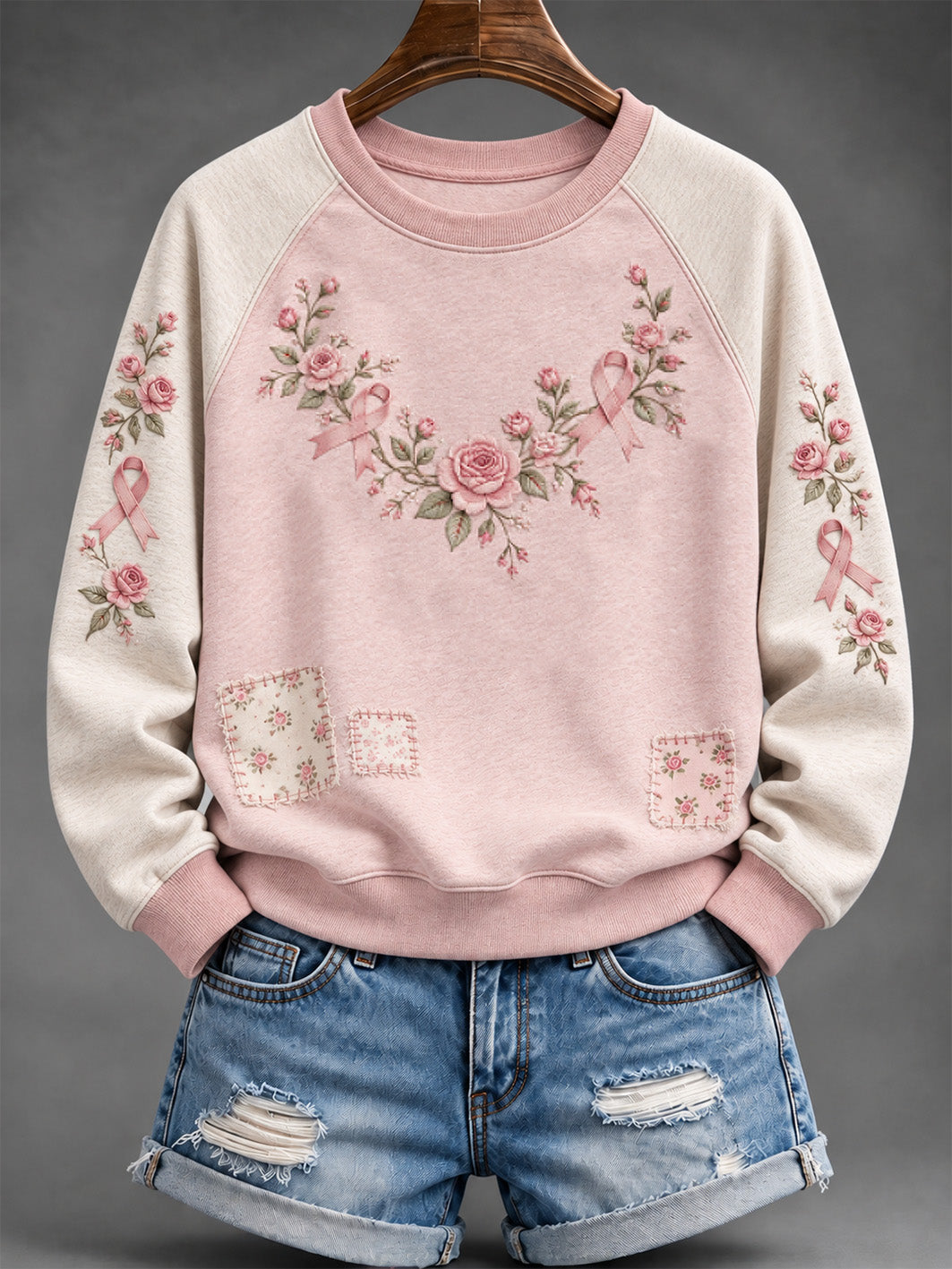 Women's Pink Rose and Pink Charity Ribbon Pattern Casual Raglan Sleeve Sweatshirt