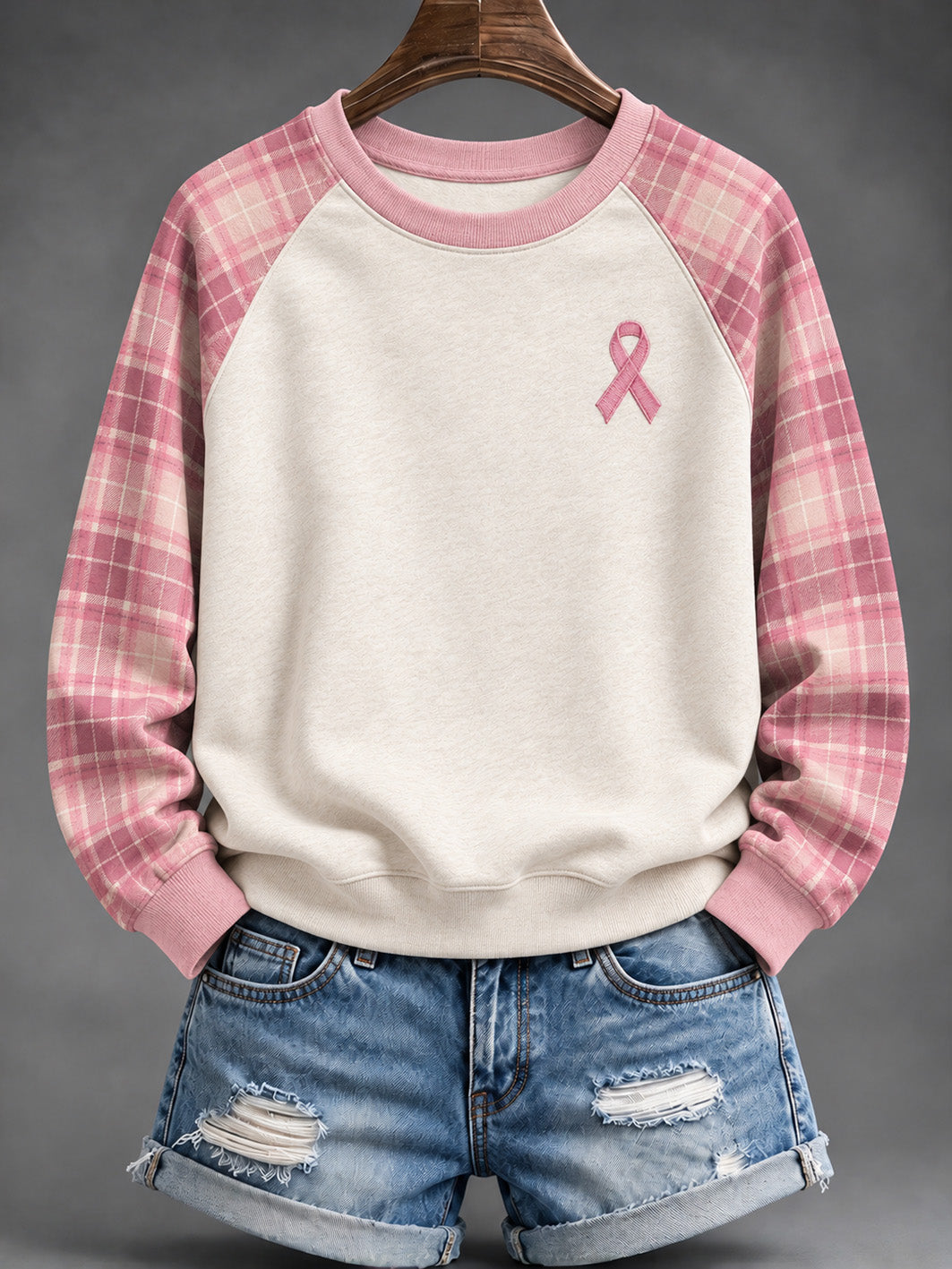 Women's Pink Checkered and Pink Charity Ribbon Pattern Casual Raglan Sleeve Sweatshirt