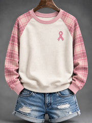 Women's Pink Checkered and Pink Charity Ribbon Pattern Casual Raglan Sleeve Sweatshirt