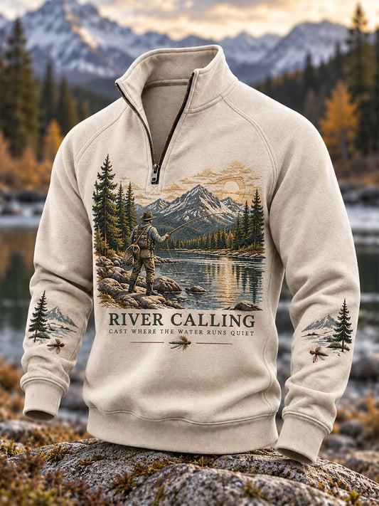 Men's Vintage Wilderness Fishing Print Zip-Up Hoodie