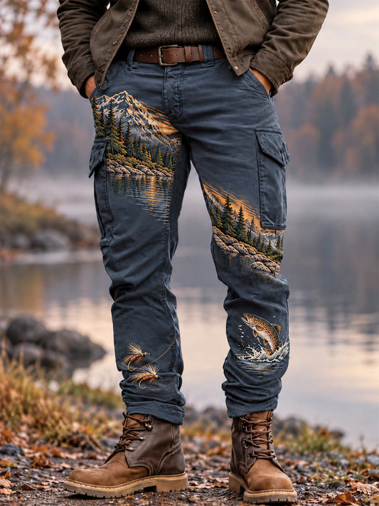 Men's Vintage Wilderness Fishing Print Casual Work Trousers