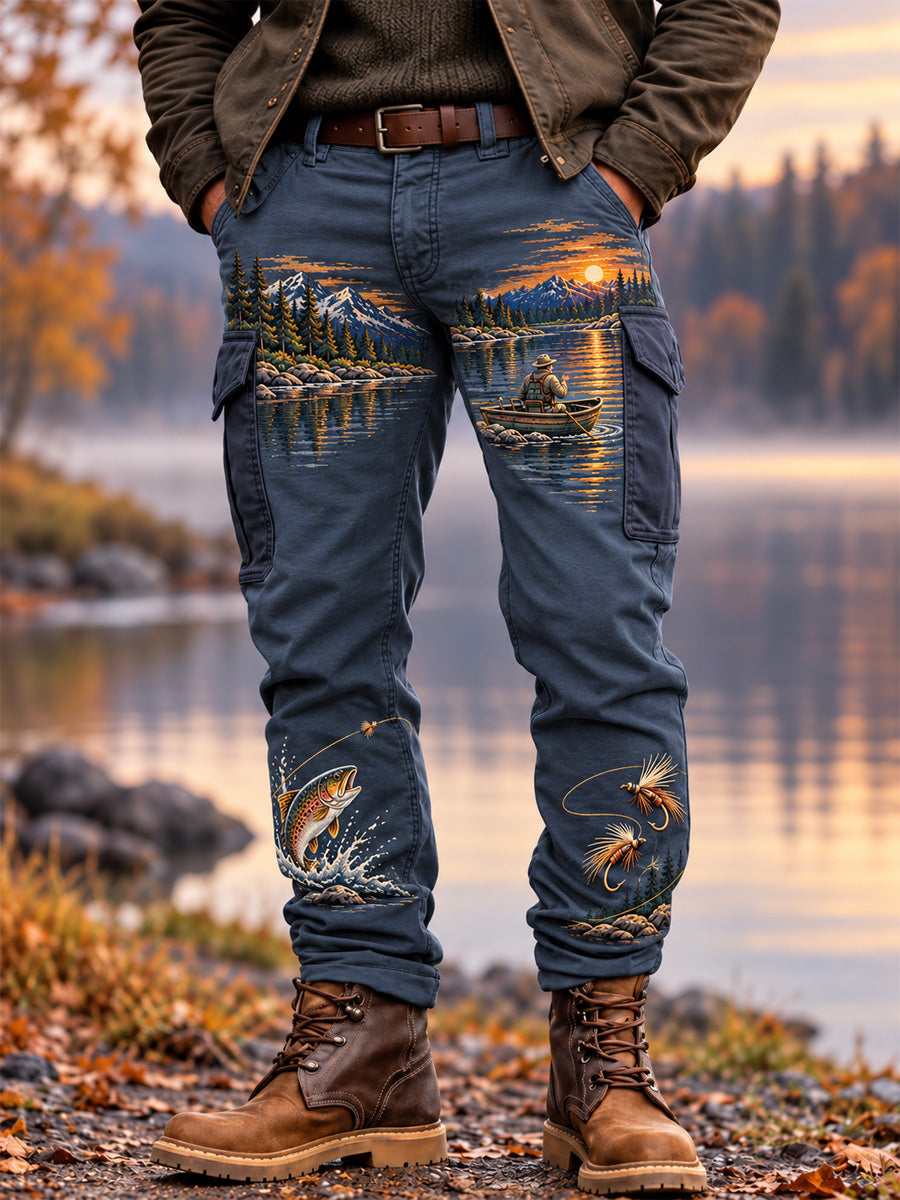Men's Vintage Wilderness Fishing Print Casual Work Trousers
