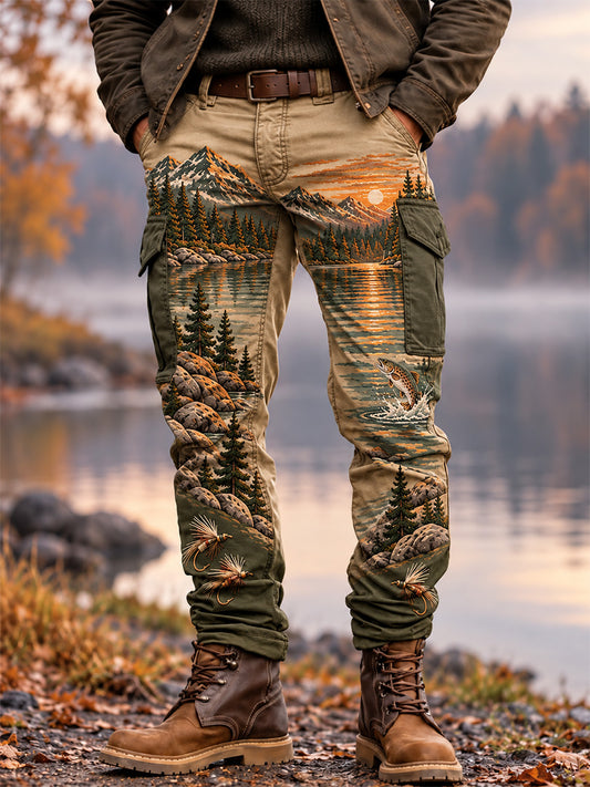 Men's Vintage Wilderness Fishing Print Casual Work Trousers
