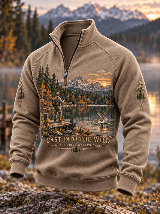 Men's Vintage Wilderness Fishing Print Zip-Up Hoodie
