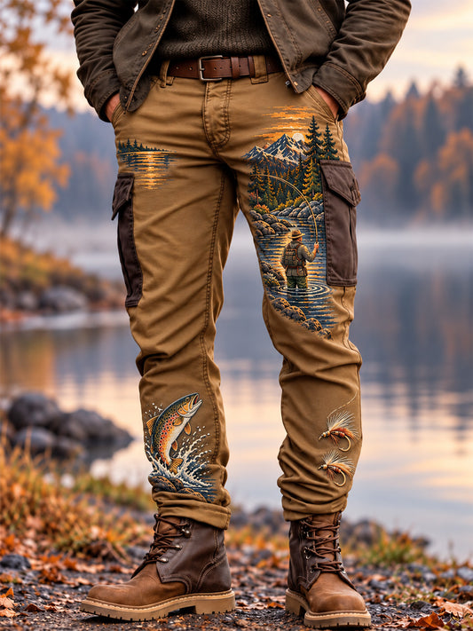 Men's Vintage Wilderness Fishing Print Casual Work Trousers
