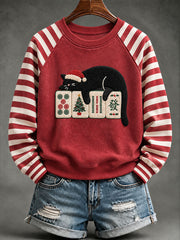 Women's Christmas Mahjong Cat Print Casual Sweatshirt