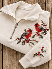 Women's Snowy Winter Red Cardinal On Branch Print Zip Up Sweatshirt