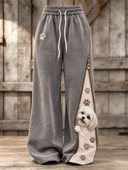 Women's Peeking Maltese Dog & Paw Prints Zipper Contrast Print Wide Leg Sweatpants