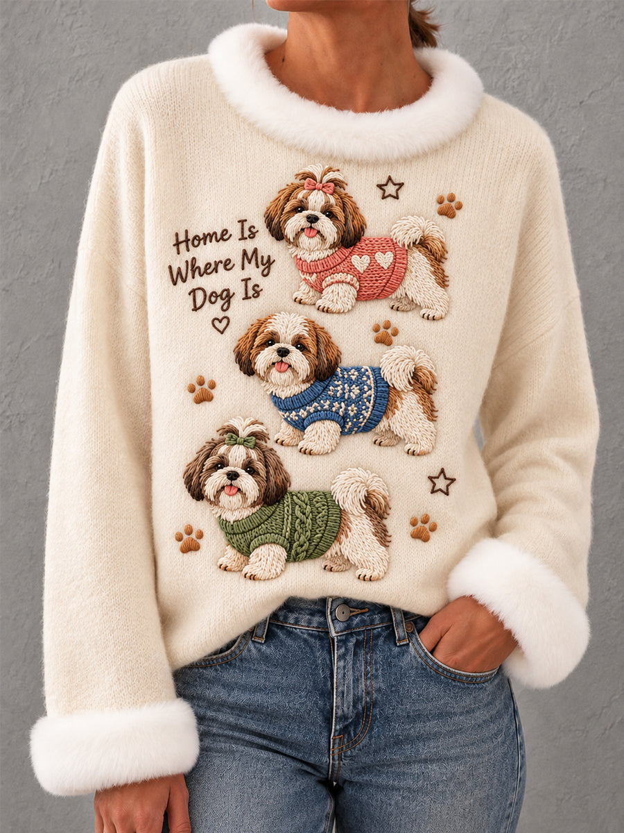 Women's Cute Shih Tzu Print Dog Lovers Casual Fur Collar Top