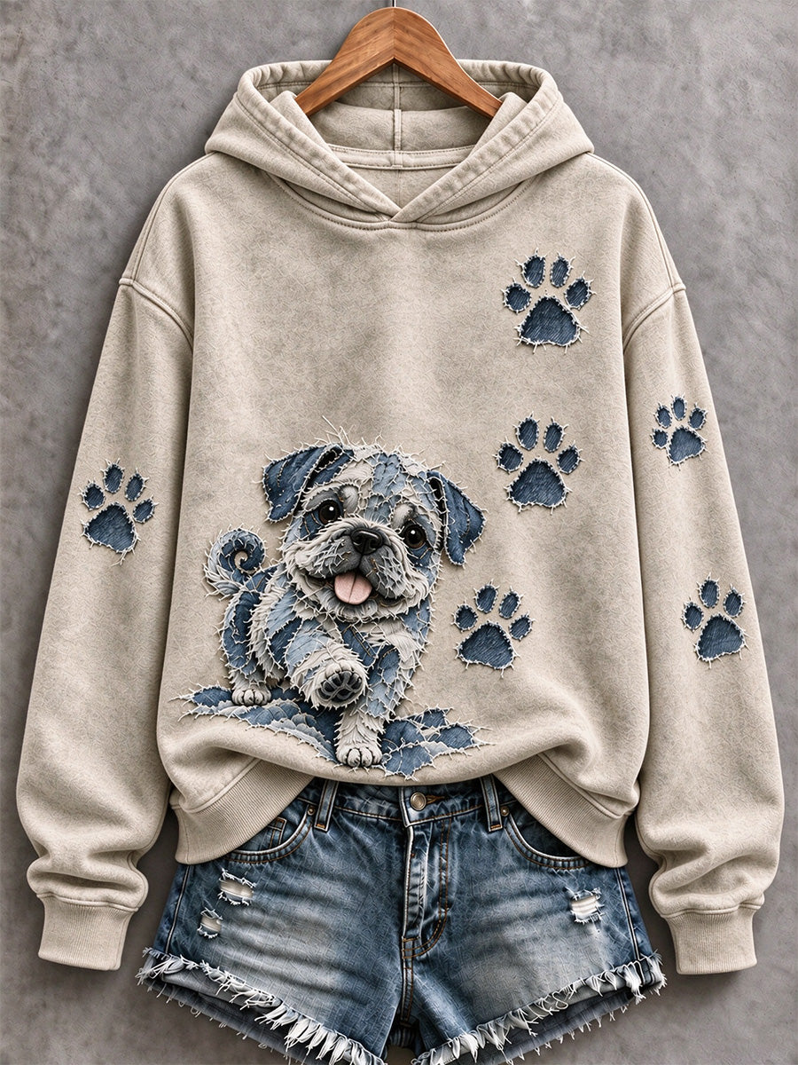 Women's Pug & Paw Prints Patchwork Print Casual Hoodie