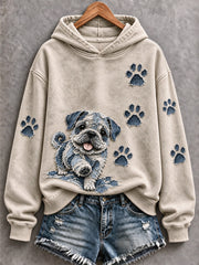 Women's Pug & Paw Prints Patchwork Print Casual Hoodie
