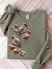 Women's Snowy Winter Waxwing Birds on Braches Print Sweatshirt